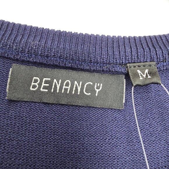 BENANCY Sweater Womens Medium Navy White Striped Crewneck Gold Button Shoulders - Picture 6 of 11